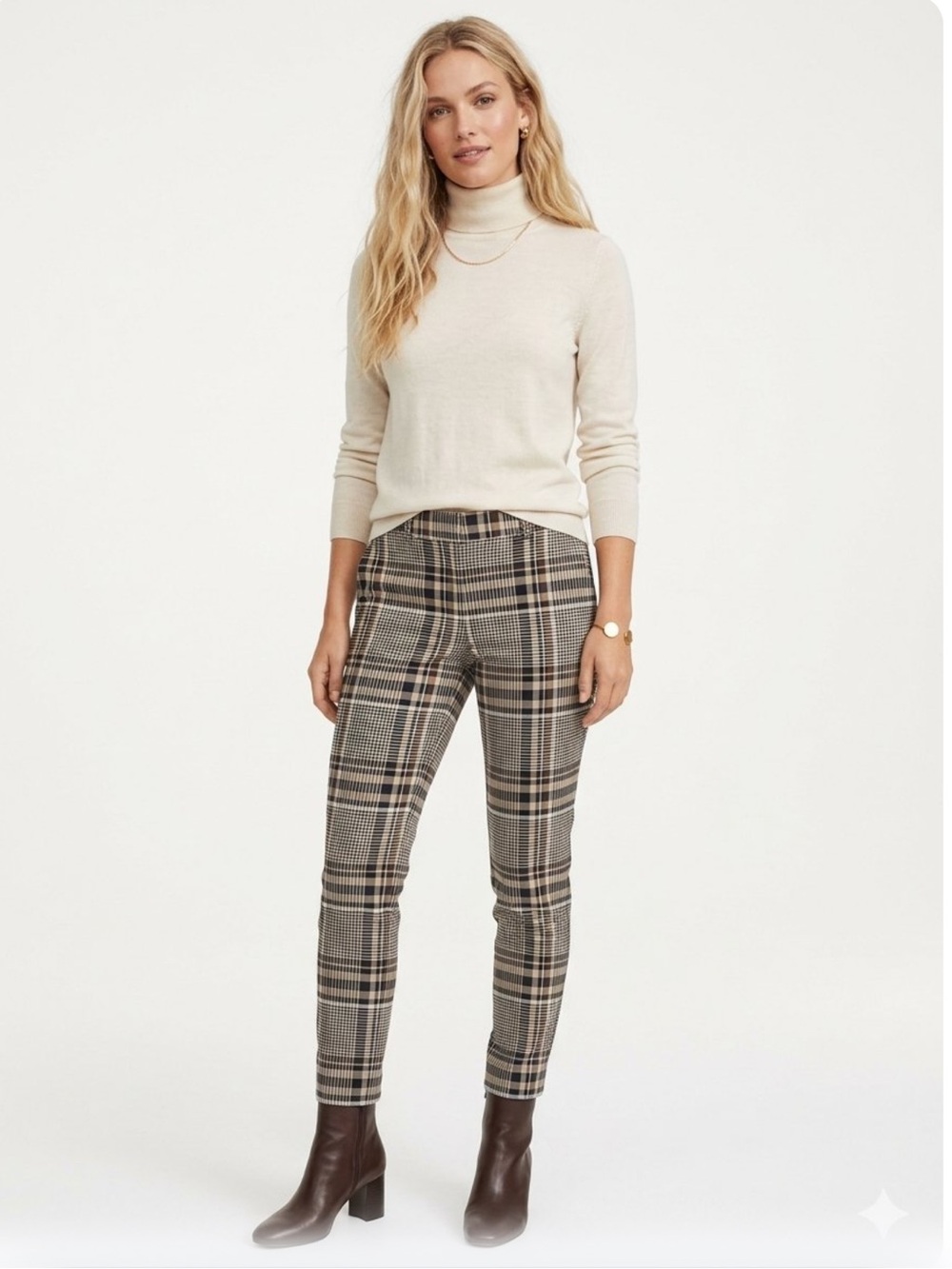H&M Plaid Skinny Ankle Pants in Beige and Brown Tones Princess of Wales Plaid